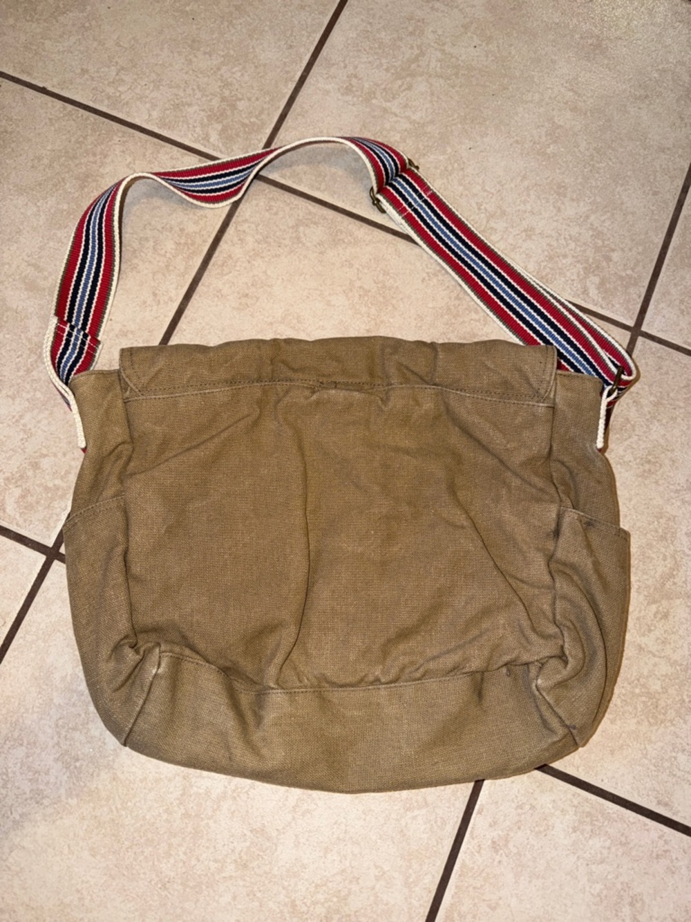 Khaki Canvas Messenger Bag with Striped Shoulder Strap W monogram - Picture 3 of 8